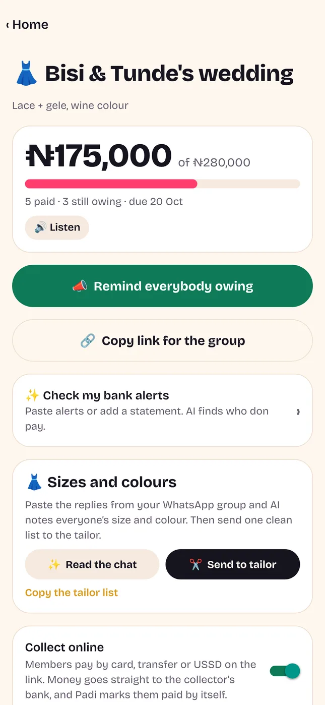 An aso-ebi list with packages and who has paid
